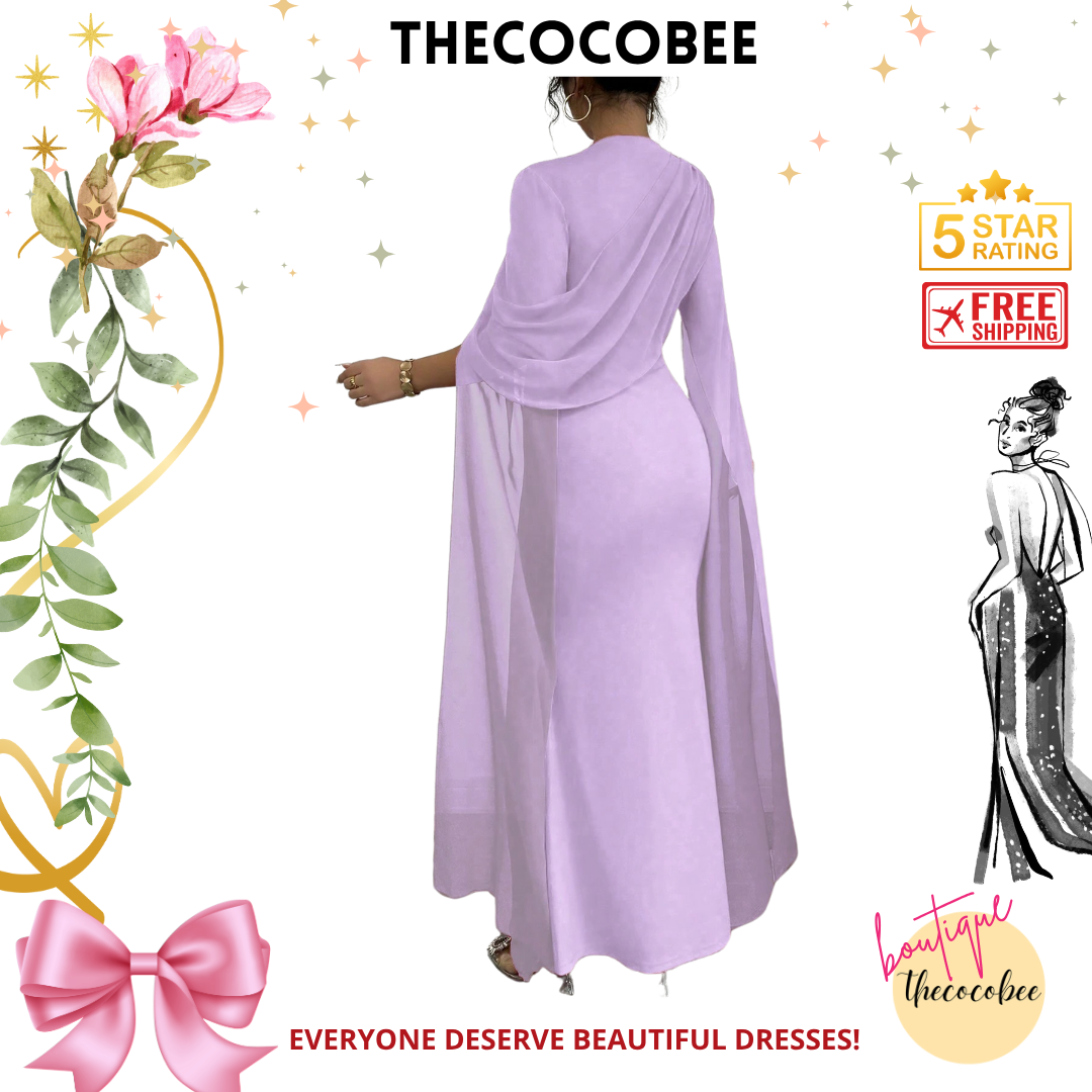 #129 Mauve Purple French Elegant Party Gown With Gathered Waist, Asymmetric Shoulder, Ruffles, Sheer Panels, Fluted Sleeves, Front Slit, Knit Stretch Fabric, Red, Autumn/Winter Dress, Mermaid Silhouette