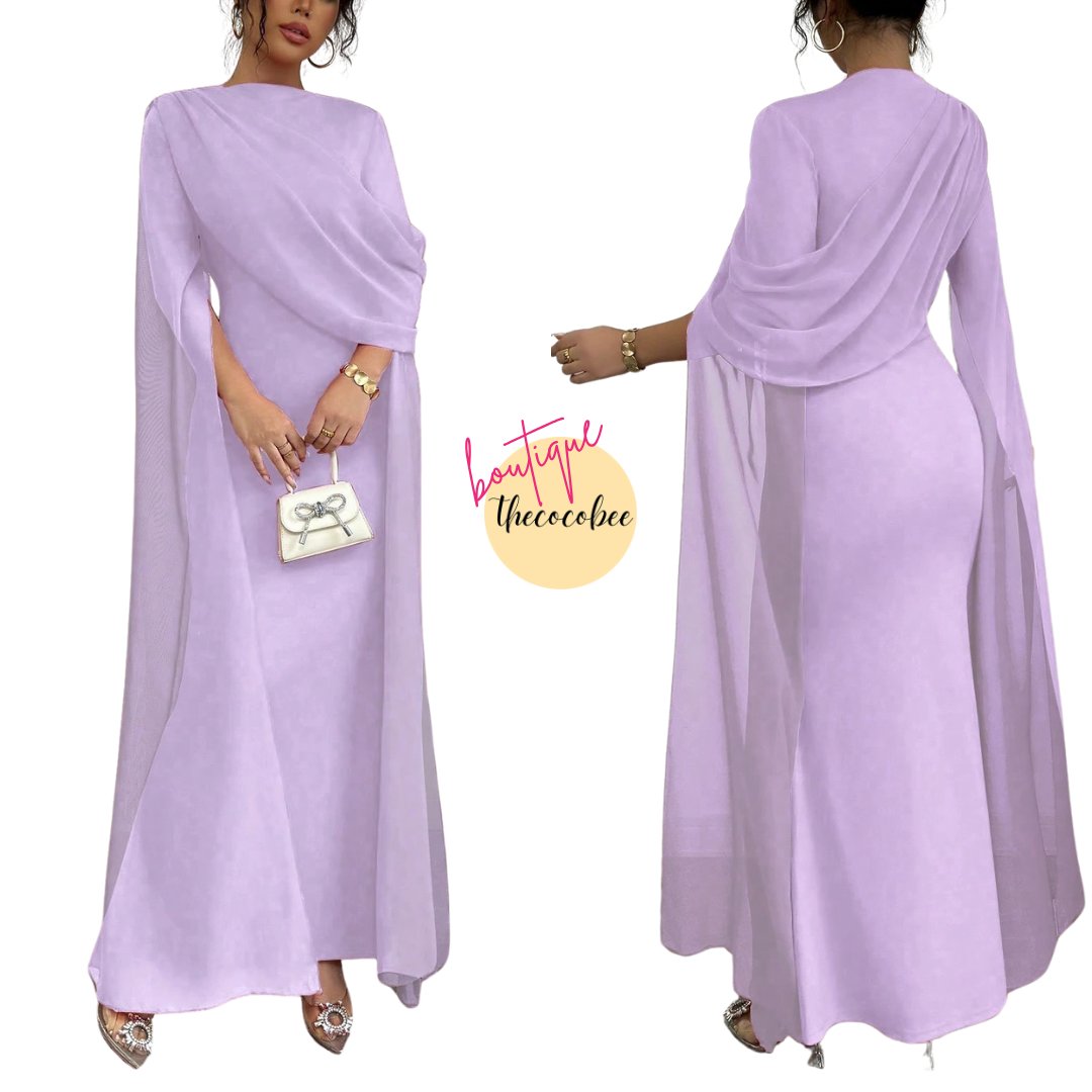 #129 Mauve Purple French Elegant Party Gown With Gathered Waist, Asymmetric Shoulder, Ruffles, Sheer Panels, Fluted Sleeves, Front Slit, Knit Stretch Fabric, Red, Autumn/Winter Dress, Mermaid Silhouette