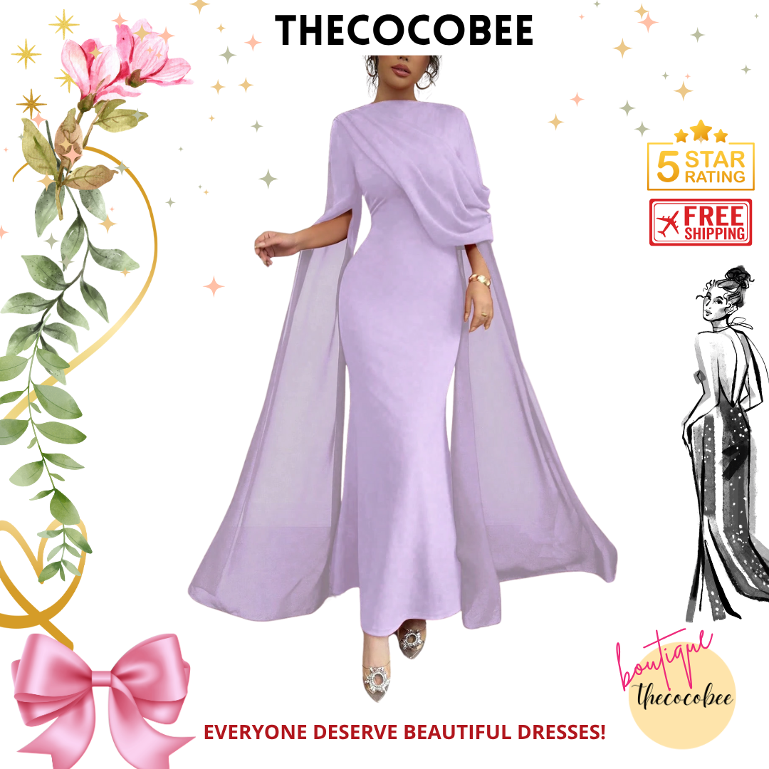 #129 Mauve Purple French Elegant Party Gown With Gathered Waist, Asymmetric Shoulder, Ruffles, Sheer Panels, Fluted Sleeves, Front Slit, Knit Stretch Fabric, Red, Autumn/Winter Dress, Mermaid Silhouette