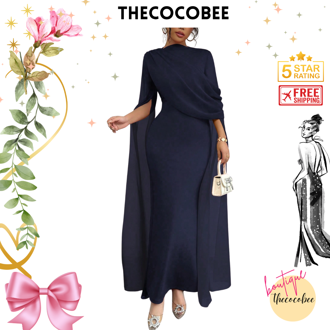 #129 Pleated One-Shoulder Sheer Maxi Split Dress – Navy Blue