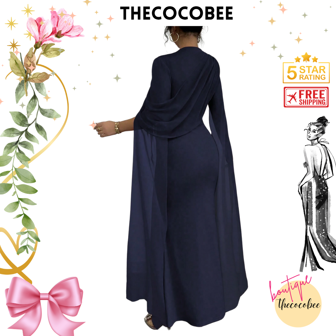 #129 Pleated One-Shoulder Sheer Maxi Split Dress – Navy Blue