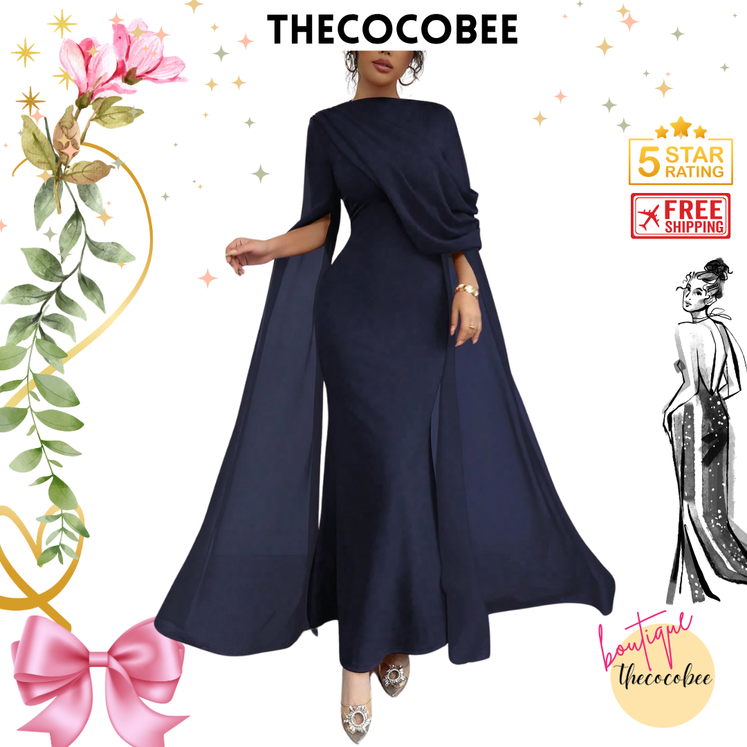 #129 Pleated One-Shoulder Sheer Maxi Split Dress – Navy Blue