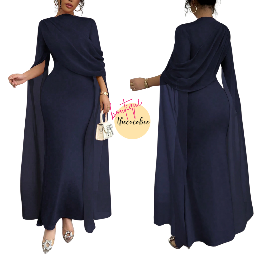 #129 Pleated One-Shoulder Sheer Maxi Split Dress – Navy Blue