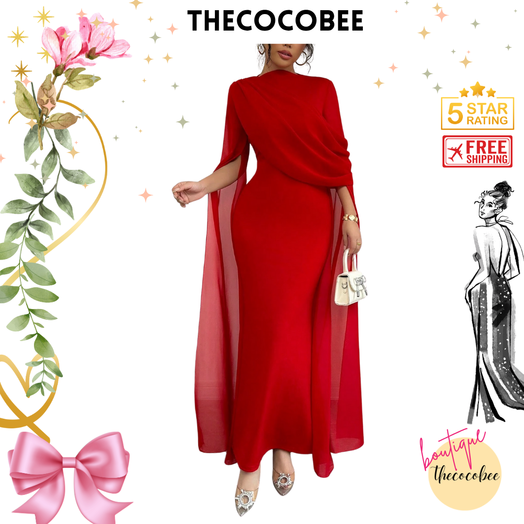#129 Pleated One-Shoulder Sheer Maxi Split Dress – Red