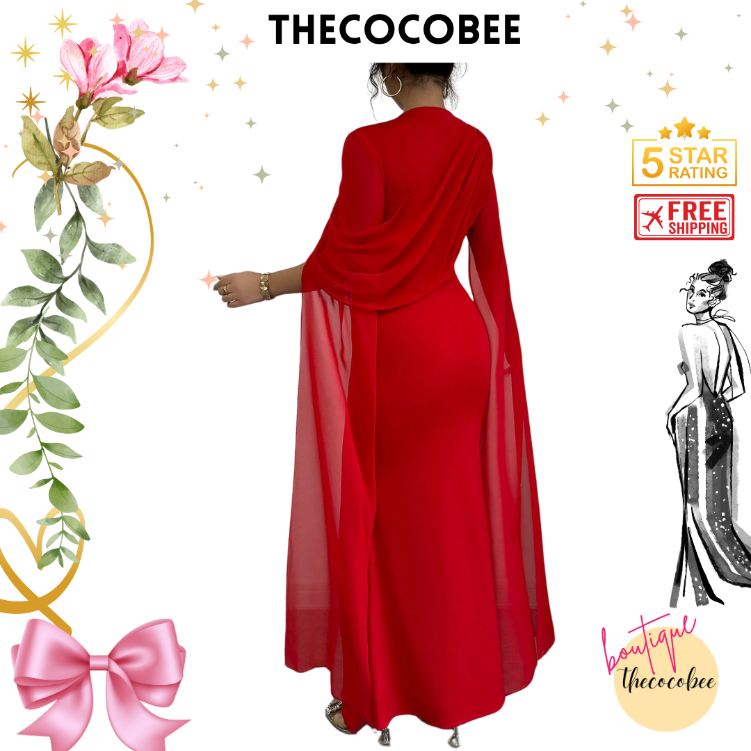 #129 Pleated One-Shoulder Sheer Maxi Split Dress – Red