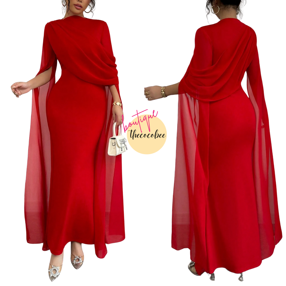 #129 Pleated One-Shoulder Sheer Maxi Split Dress – Red