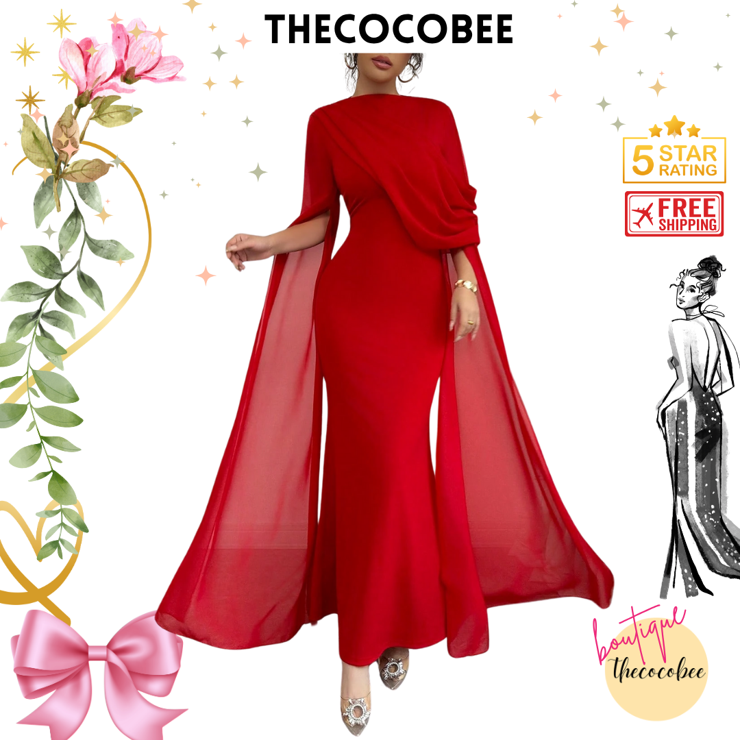 #129 Pleated One-Shoulder Sheer Maxi Split Dress – Red