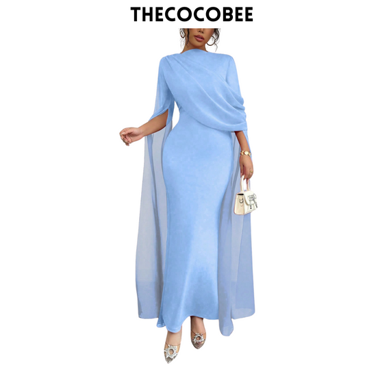 #129 Pleated One-Shoulder Sheer Maxi Split Dress – Baby blue