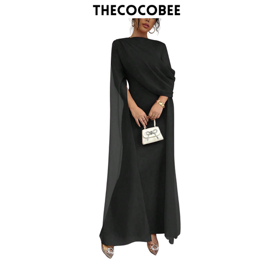 #129 Black Long Sleeve Maxi Dress With Draped Neckline And Cape Sleeves