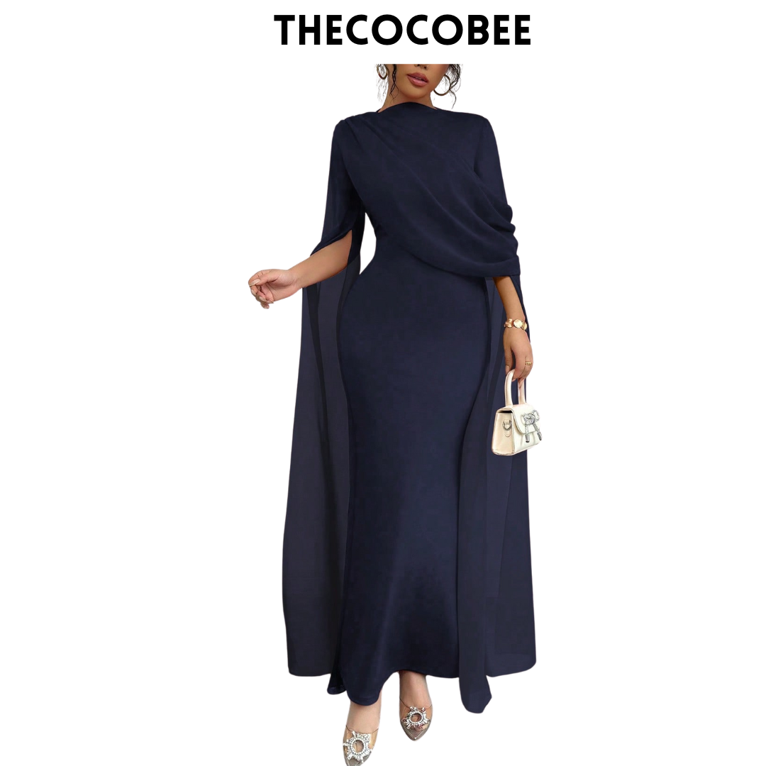 #129 Pleated One-Shoulder Sheer Maxi Split Dress – Navy Blue