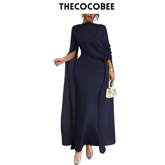 #129 Pleated One-Shoulder Sheer Maxi Split Dress – Navy Blue