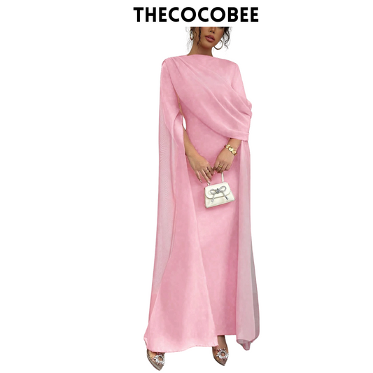 #129 Pink French Elegant Gathered Waist Party Bodycon Asymmetrical Shoulder Ruched Sheer Long Sleeve Slit Formal Knitted Stretch Red Dress, Long Mermaid Dress For Autumn/Winter