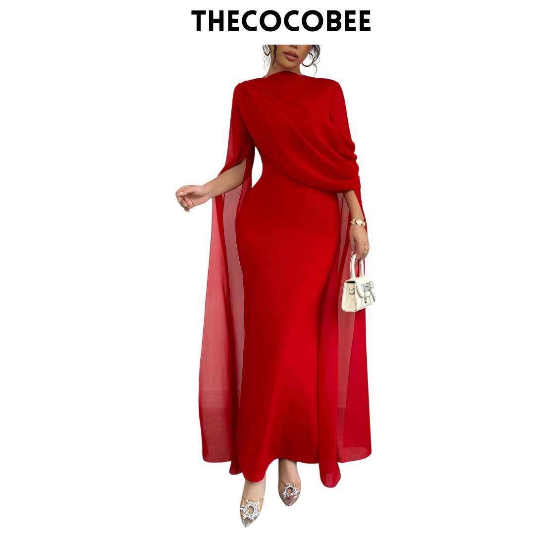 #129 Pleated One-Shoulder Sheer Maxi Split Dress – Red