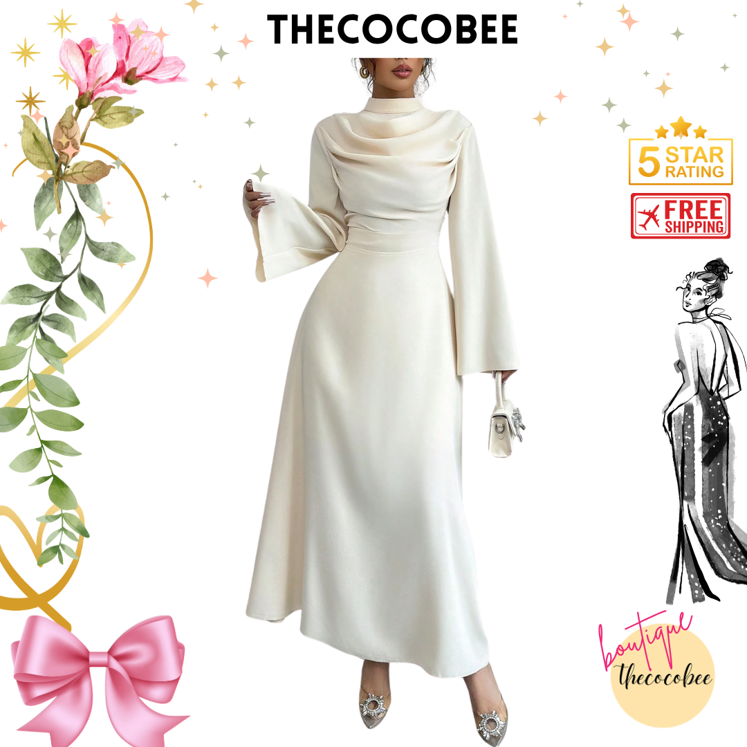 #130 Stand Collar Pleated Long Sleeve Maxi Dress – White
