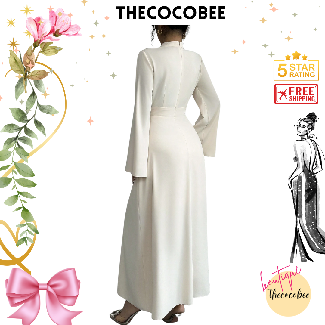 #130 Stand Collar Pleated Long Sleeve Maxi Dress – White