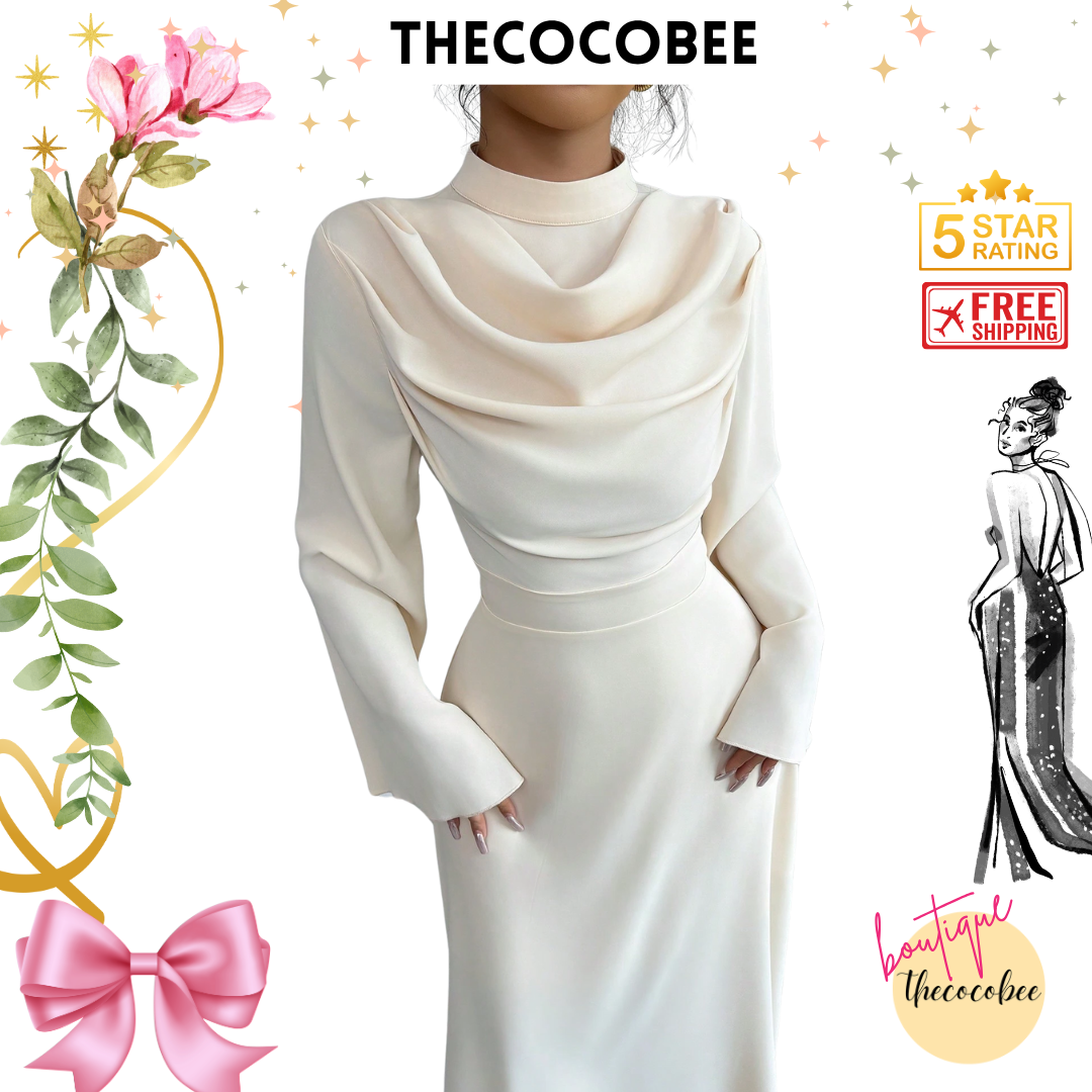 #130 Stand Collar Pleated Long Sleeve Maxi Dress – White
