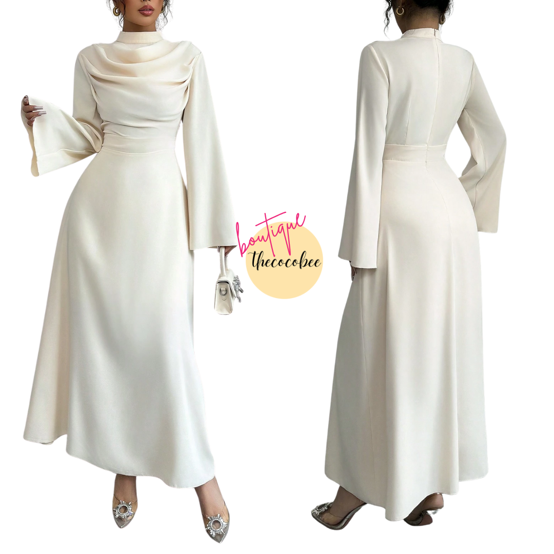 #130 Stand Collar Pleated Long Sleeve Maxi Dress – White