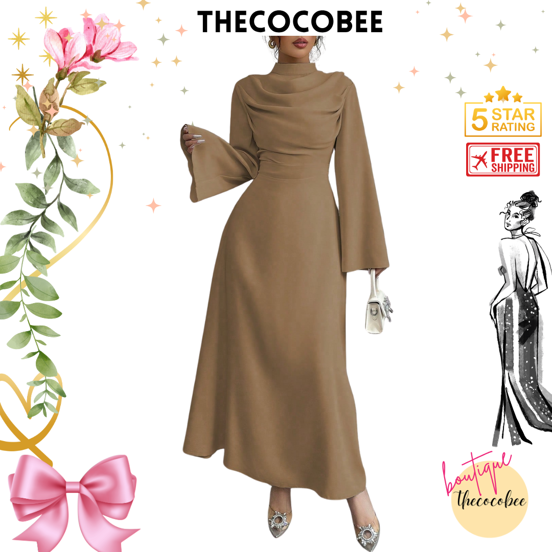 #130 Stand Collar Pleated Long Sleeve Maxi Dress – Coffee Brown