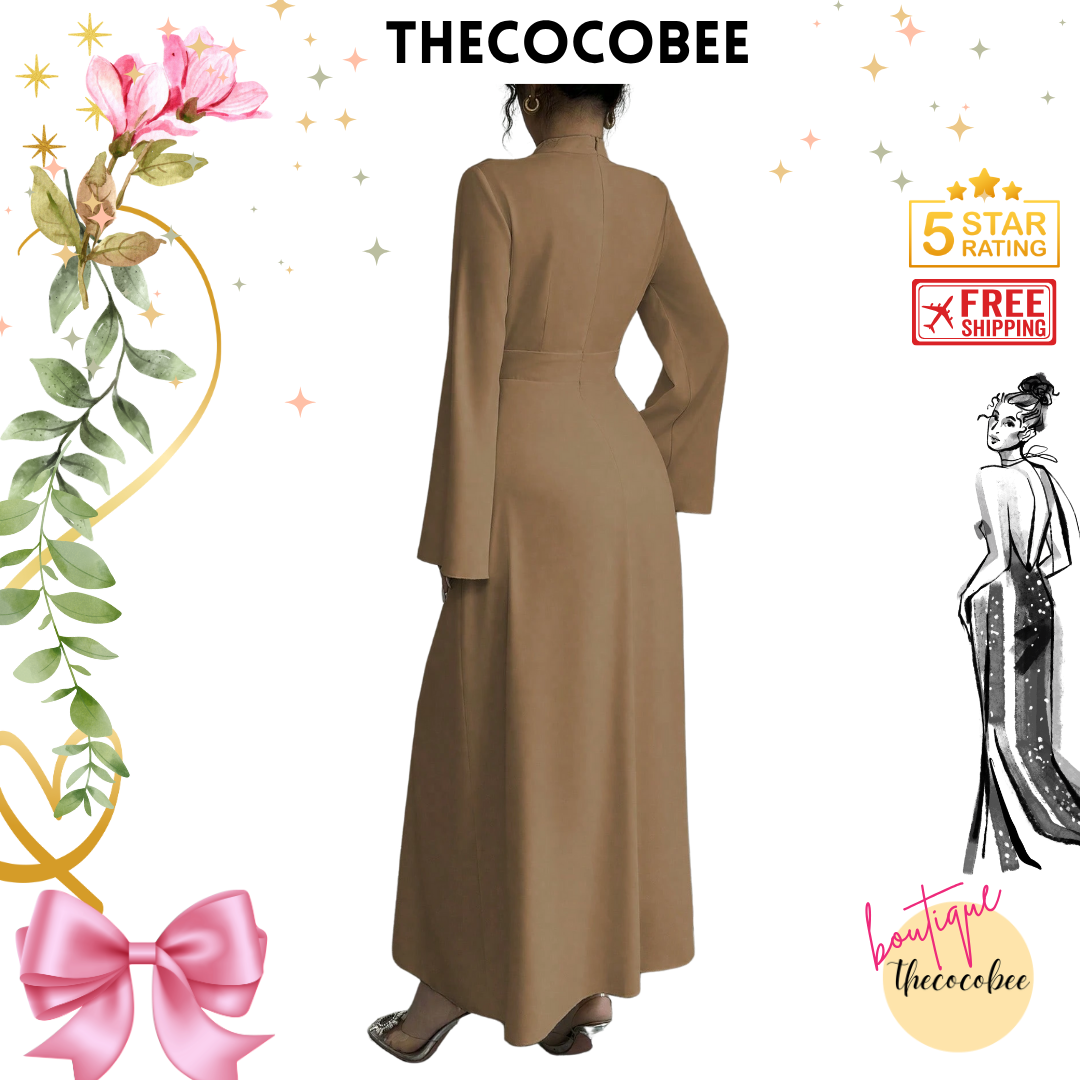 #130 Stand Collar Pleated Long Sleeve Maxi Dress – Coffee Brown