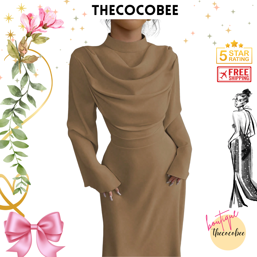 #130 Stand Collar Pleated Long Sleeve Maxi Dress – Coffee Brown