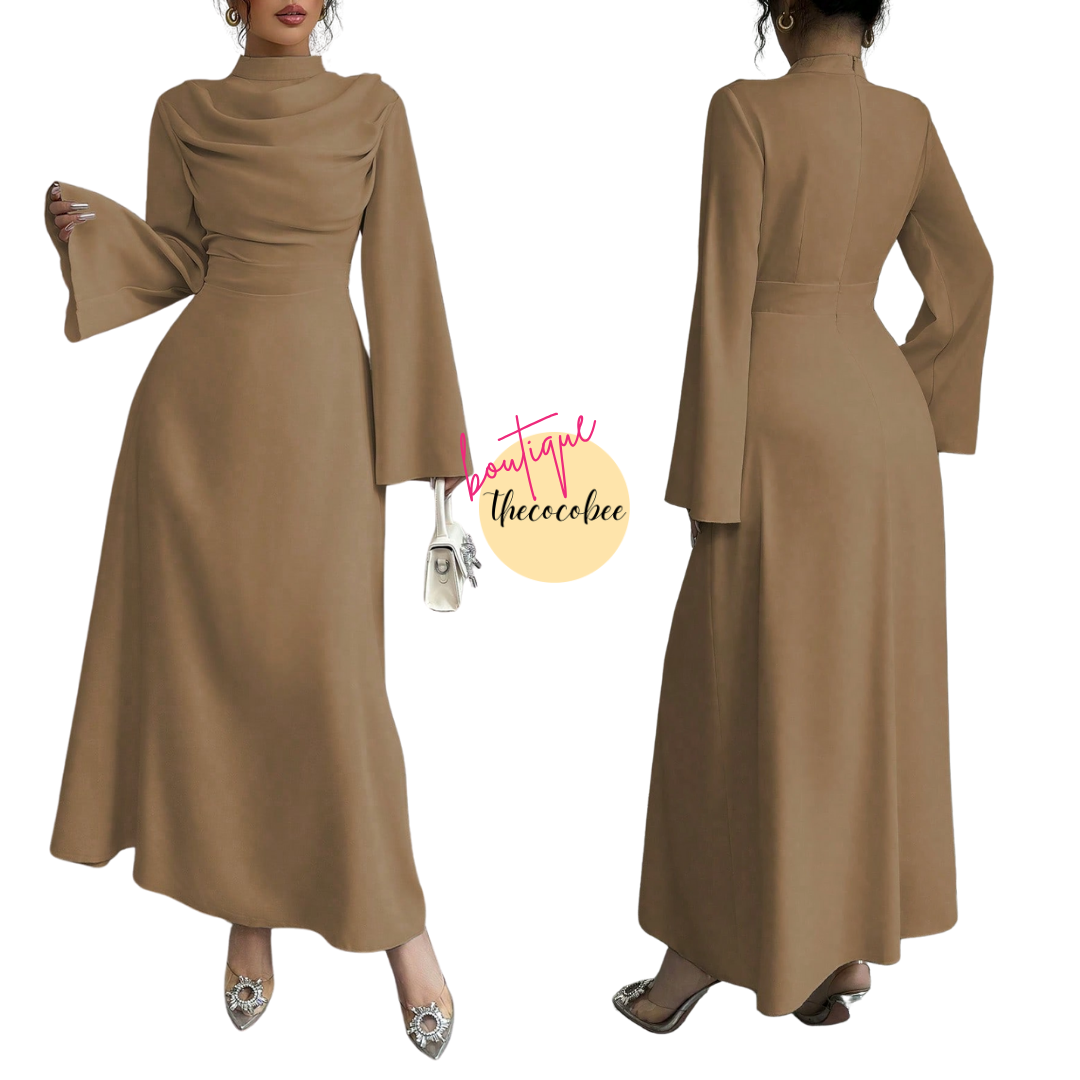 #130 Stand Collar Pleated Long Sleeve Maxi Dress – Coffee Brown