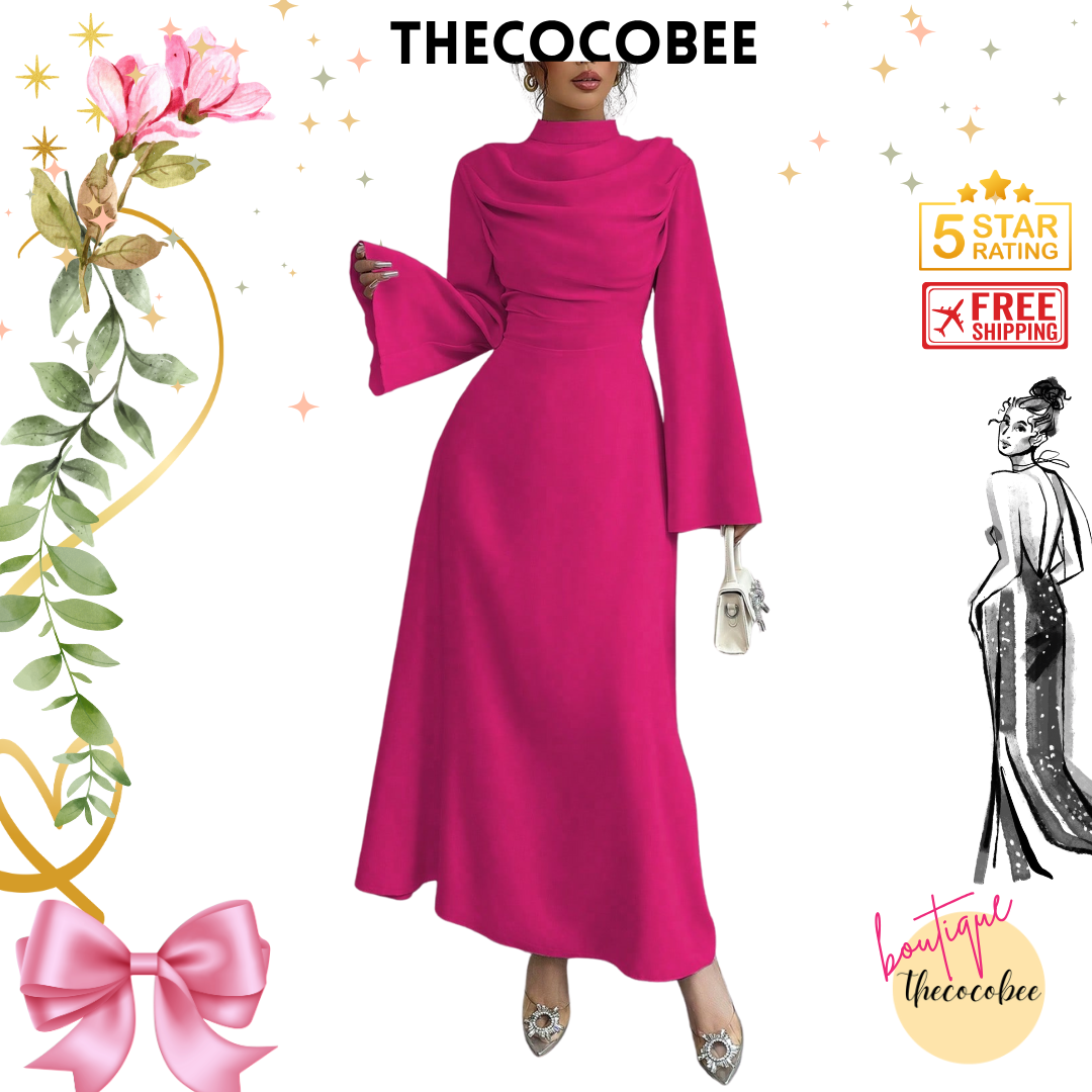 #130 Stand Collar Pleated Long Sleeve Maxi Dress – Pink