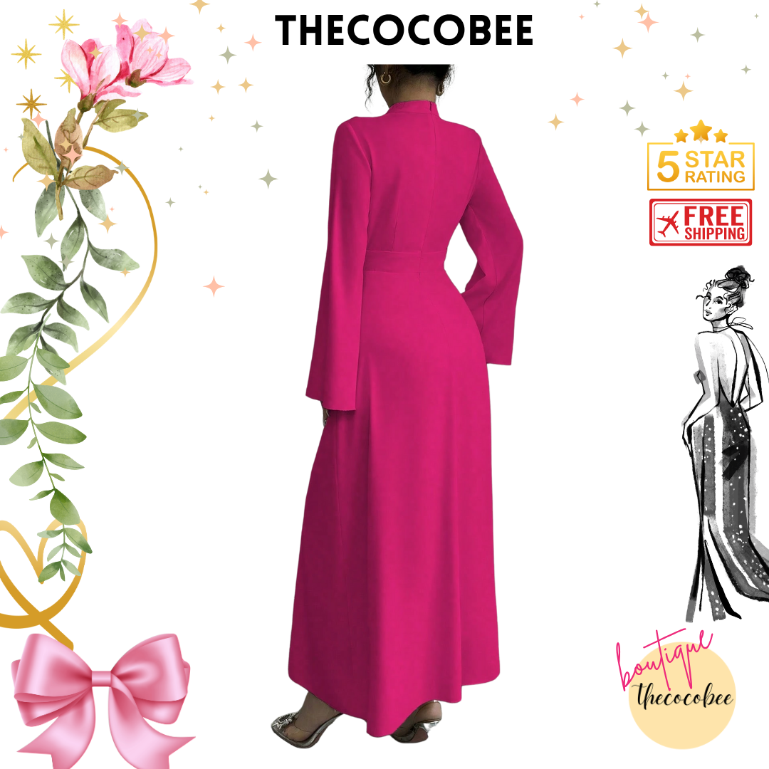 #130 Stand Collar Pleated Long Sleeve Maxi Dress – Pink