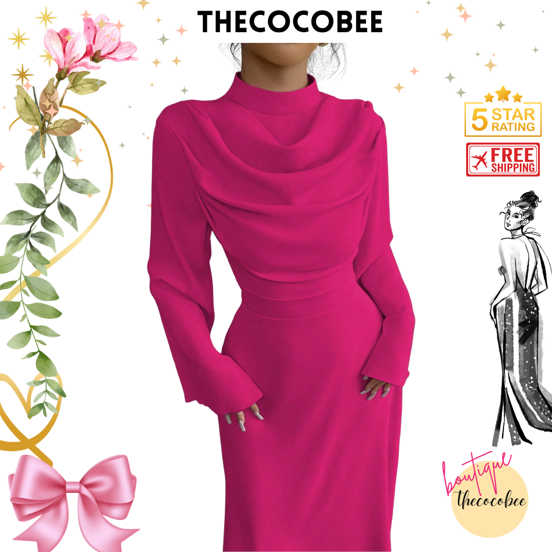 #130 Stand Collar Pleated Long Sleeve Maxi Dress – Pink