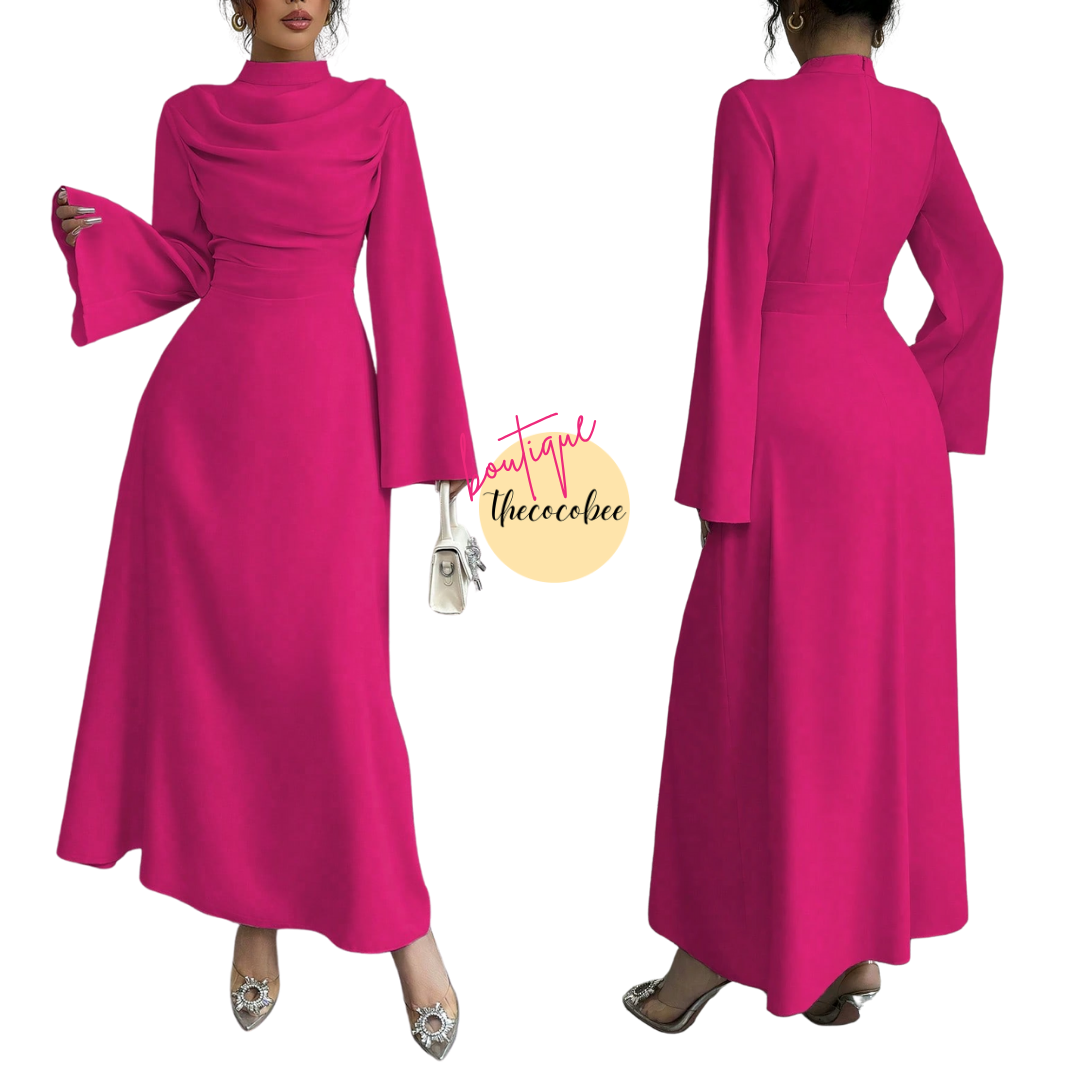 #130 Stand Collar Pleated Long Sleeve Maxi Dress – Pink