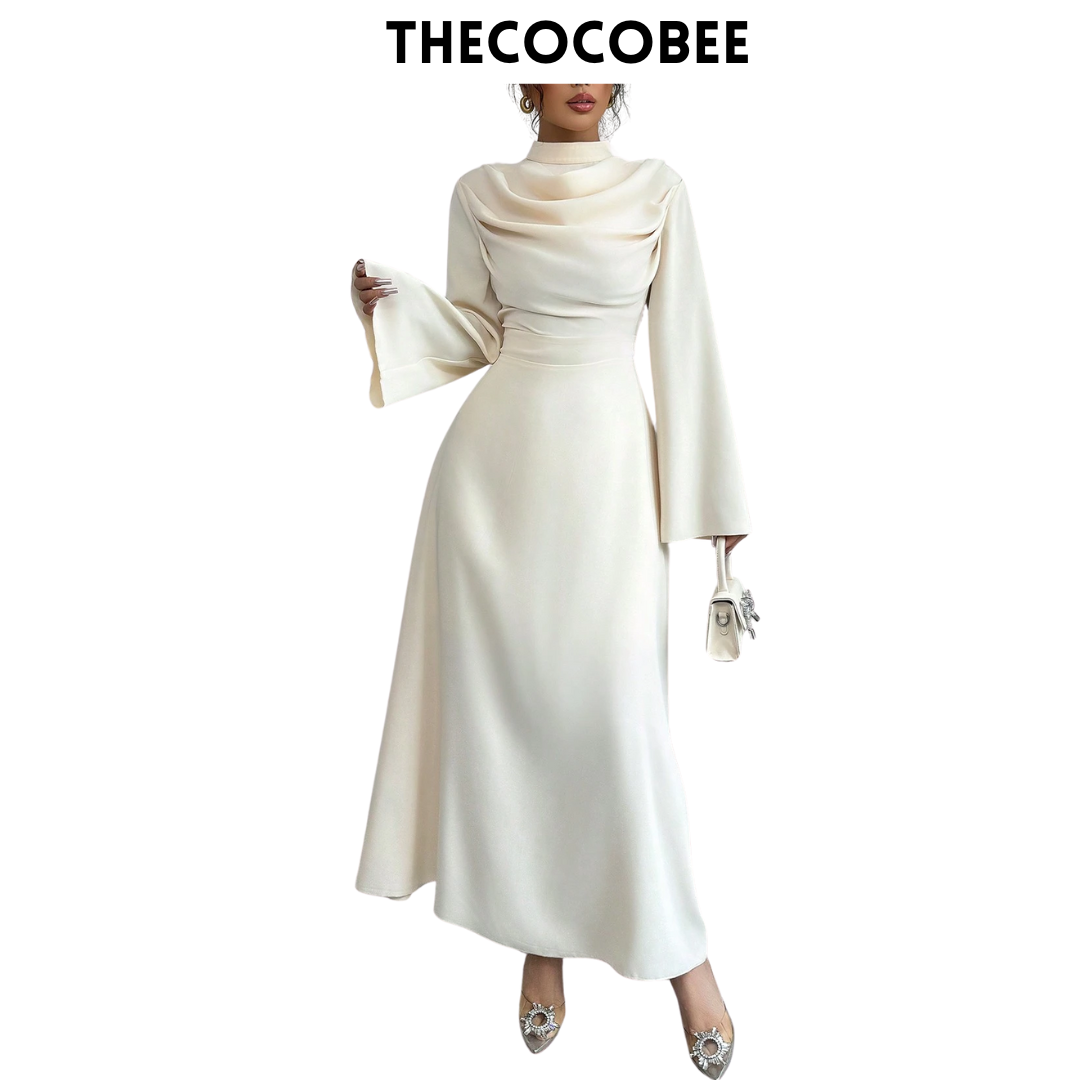#130 Stand Collar Pleated Long Sleeve Maxi Dress – White