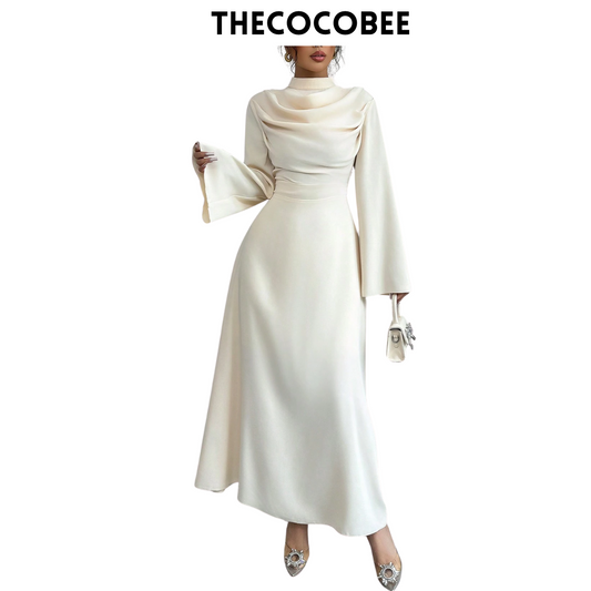 #130 Stand Collar Pleated Long Sleeve Maxi Dress – White