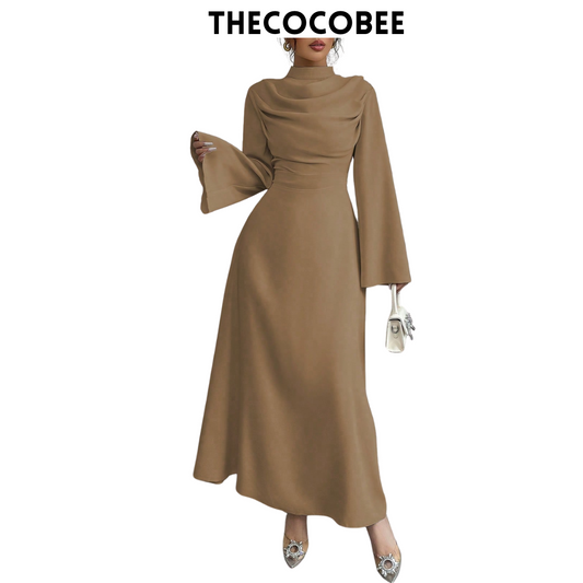 #130 Stand Collar Pleated Long Sleeve Maxi Dress – Coffee Brown
