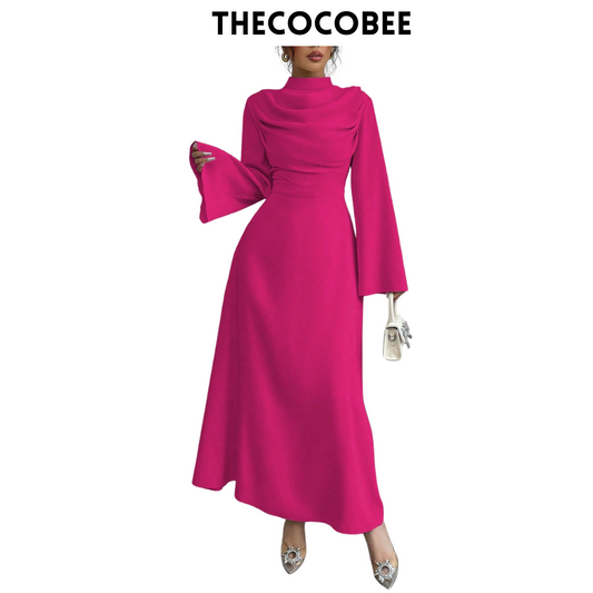 #130 Stand Collar Pleated Long Sleeve Maxi Dress – Pink