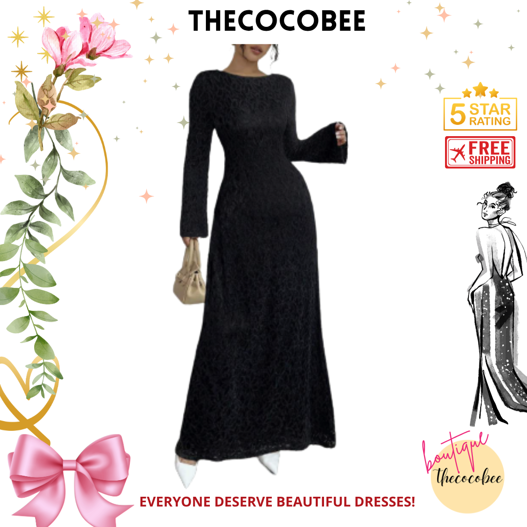 #131 Black Elegant High-Waist Flocked Lace Long Sleeve Fitted A-Line Dress For Women