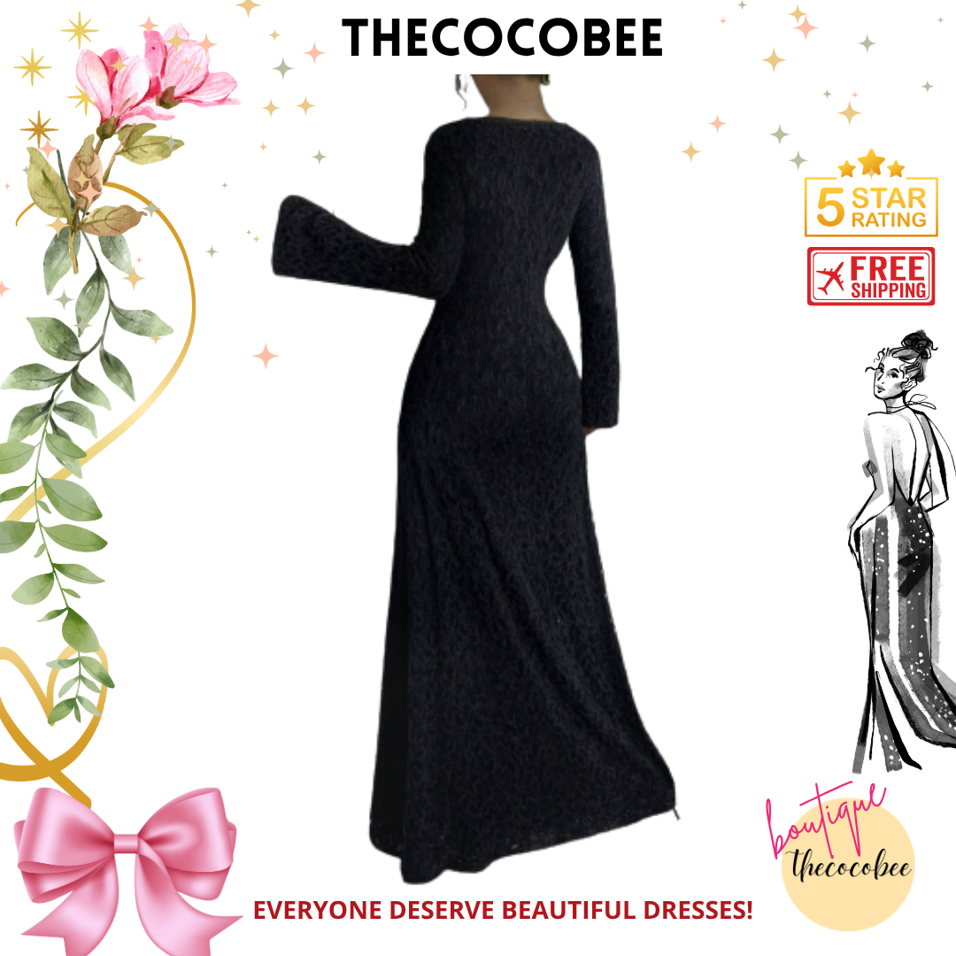 #131 Black Elegant High-Waist Flocked Lace Long Sleeve Fitted A-Line Dress For Women