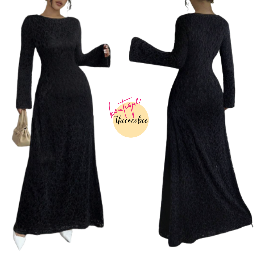 #131 Black Elegant High-Waist Flocked Lace Long Sleeve Fitted A-Line Dress For Women