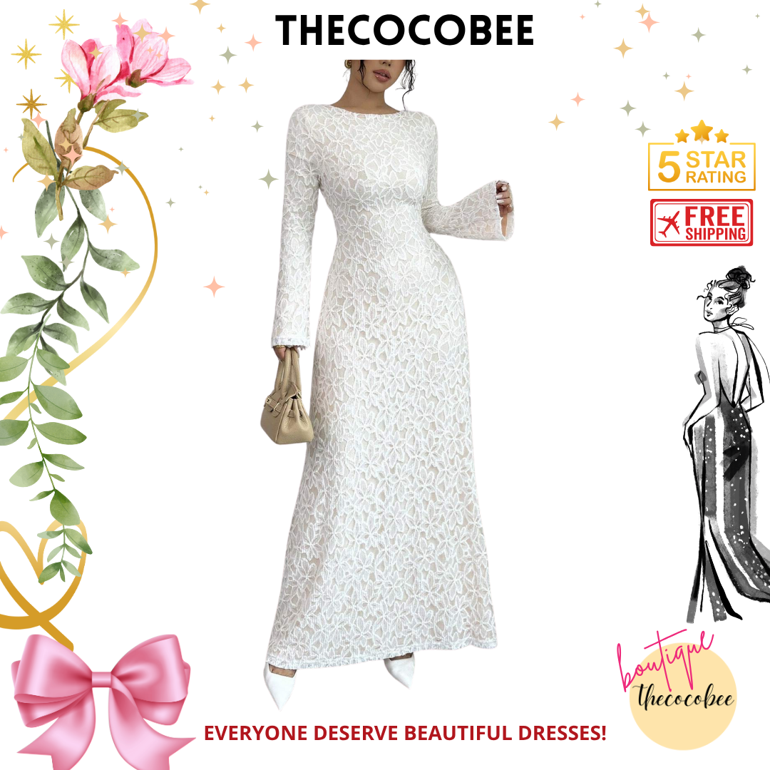 #131 White Elegant Flocked Lace Long Sleeve Fitted Waist A-Line Dress For Women Maxi Women Outfit