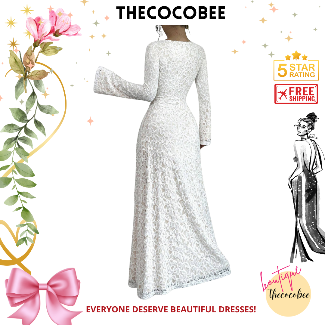 #131 White Elegant Flocked Lace Long Sleeve Fitted Waist A-Line Dress For Women Maxi Women Outfit