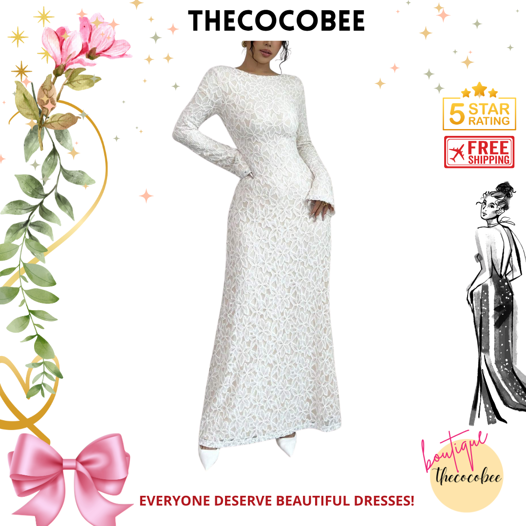 #131 White Elegant Flocked Lace Long Sleeve Fitted Waist A-Line Dress For Women Maxi Women Outfit