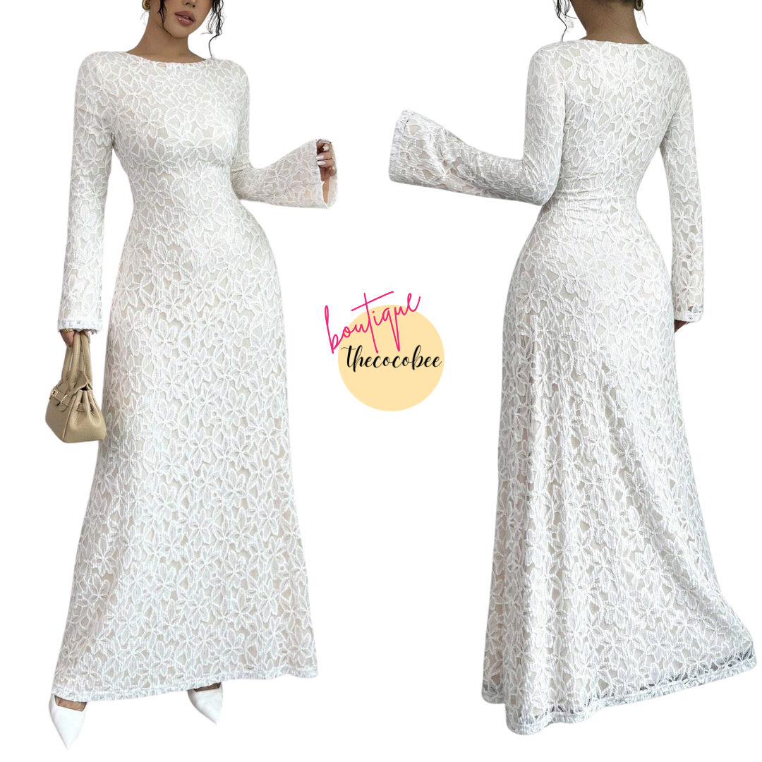 #131 White Elegant Flocked Lace Long Sleeve Fitted Waist A-Line Dress For Women Maxi Women Outfit