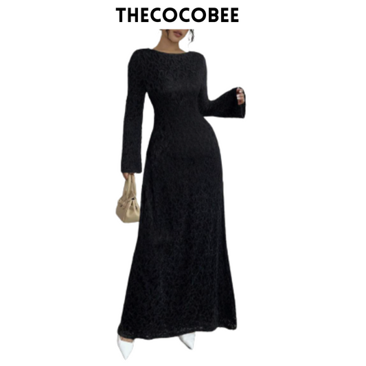 #131 Black Elegant High-Waist Flocked Lace Long Sleeve Fitted A-Line Dress For Women