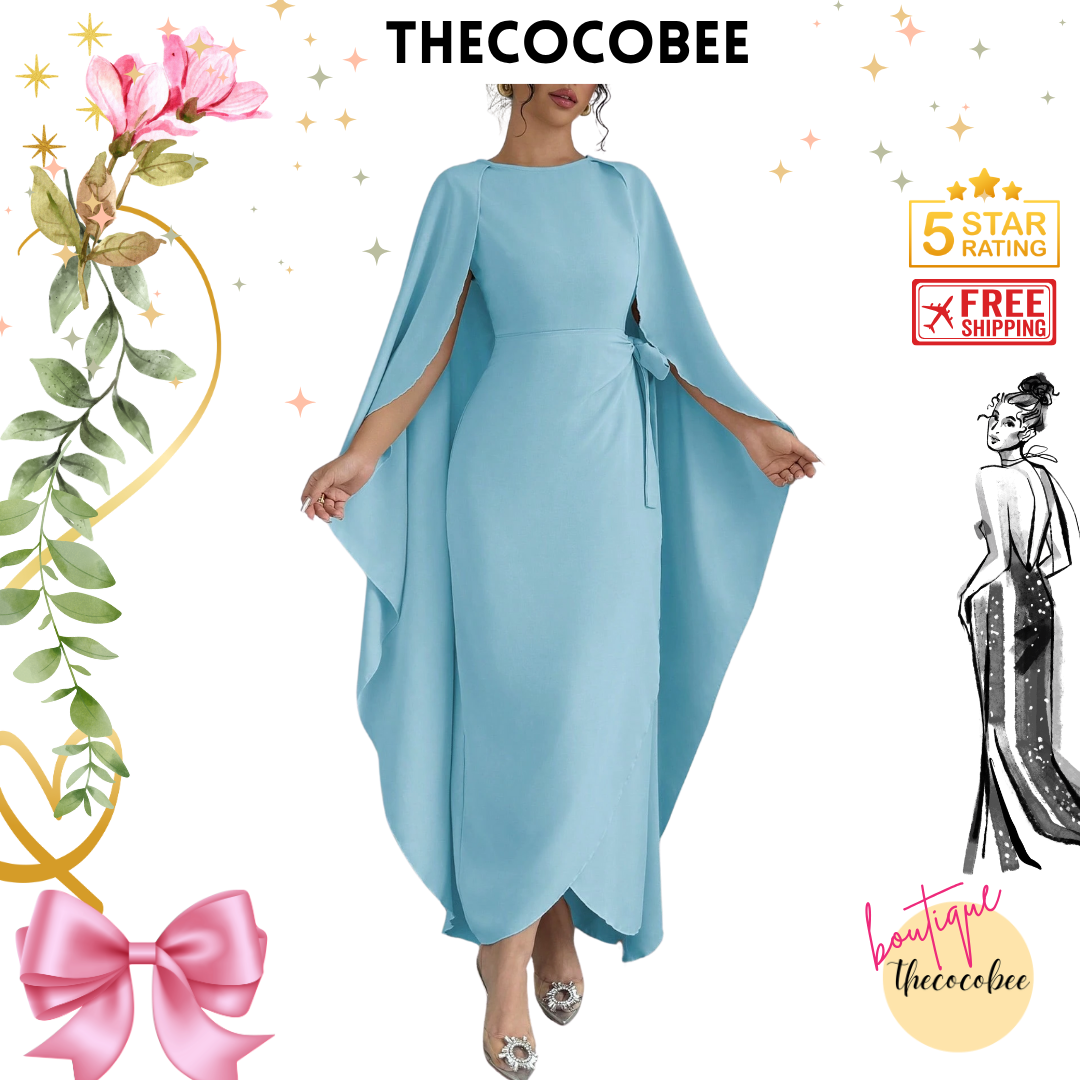 #132 Sleeveless Cinched Waist Asymmetrical Maxi Dress – Baby Blue