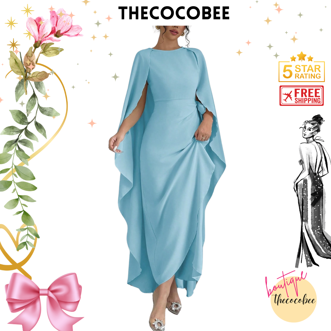 #132 Sleeveless Cinched Waist Asymmetrical Maxi Dress – Baby Blue