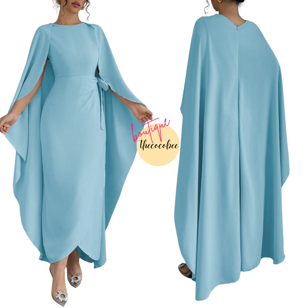 #132 Sleeveless Cinched Waist Asymmetrical Maxi Dress – Baby Blue
