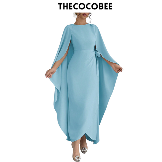 #132 Sleeveless Cinched Waist Asymmetrical Maxi Dress – Baby Blue