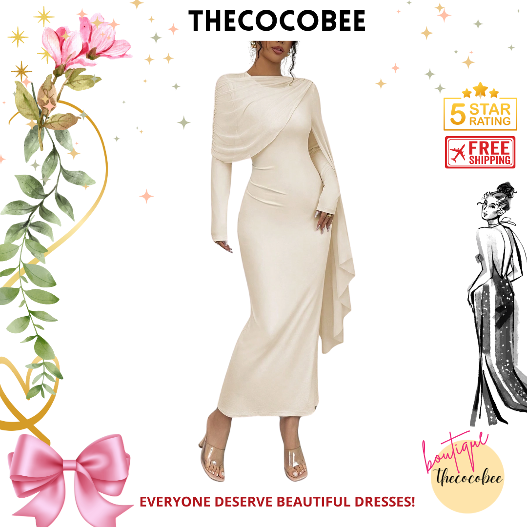 #133 Apricot Solid Color Long Sleeve Simple Casual Elegant Draped Pleated Sleeve Dress Maxi Women Outfit