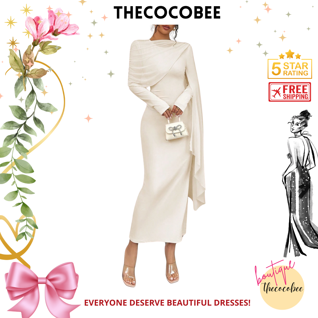 #133 Apricot Solid Color Long Sleeve Simple Casual Elegant Draped Pleated Sleeve Dress Maxi Women Outfit