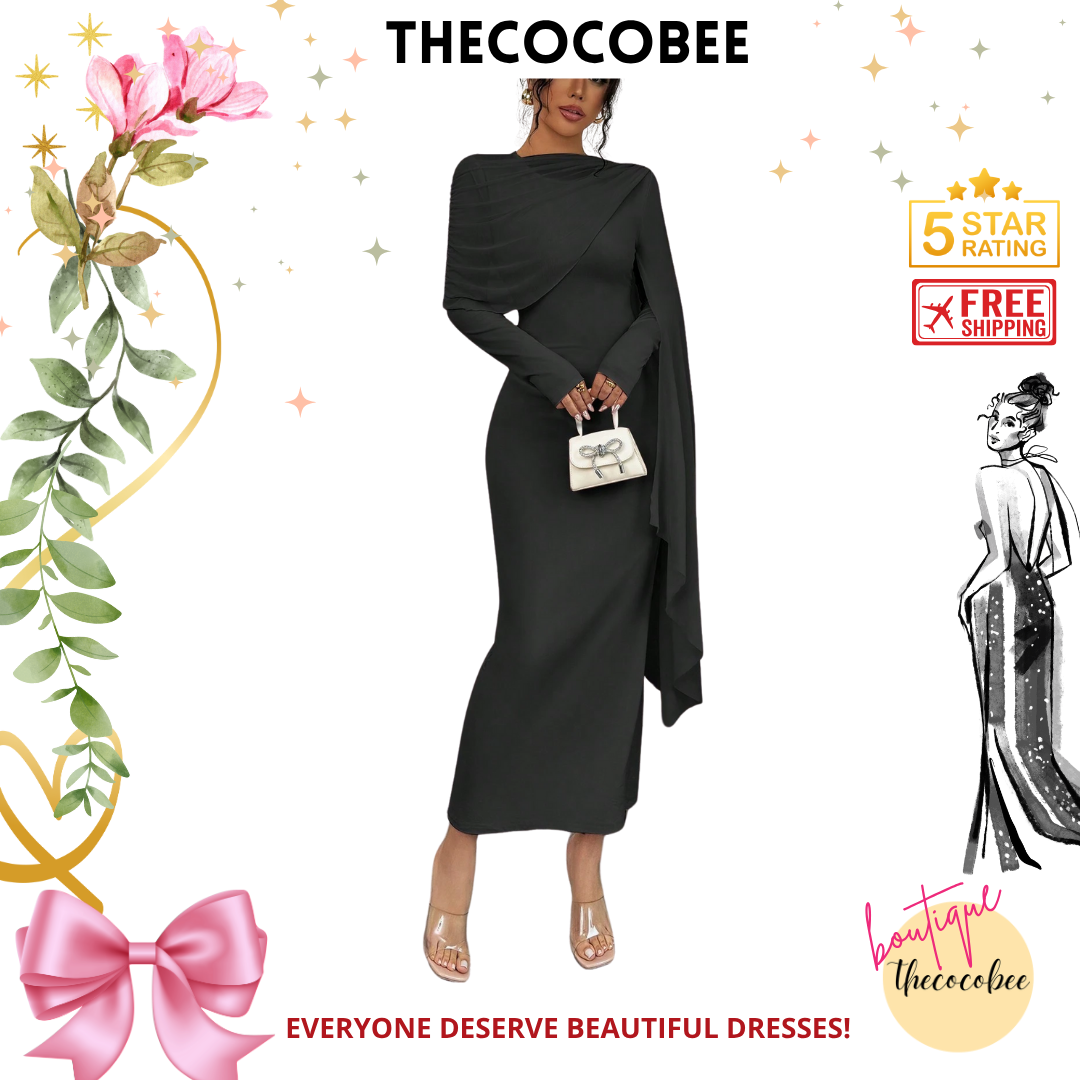 #133 Black Elegant Draped Sleeve Pleated Long Dress, Minimalist & Fashionable For Casual Daily Wear Maxi Women Outfit