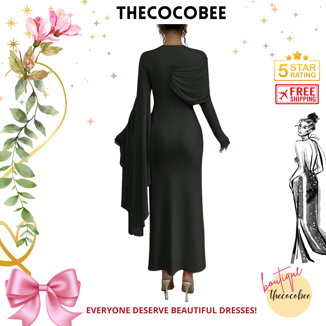 #133 Black Elegant Draped Sleeve Pleated Long Dress, Minimalist & Fashionable For Casual Daily Wear Maxi Women Outfit