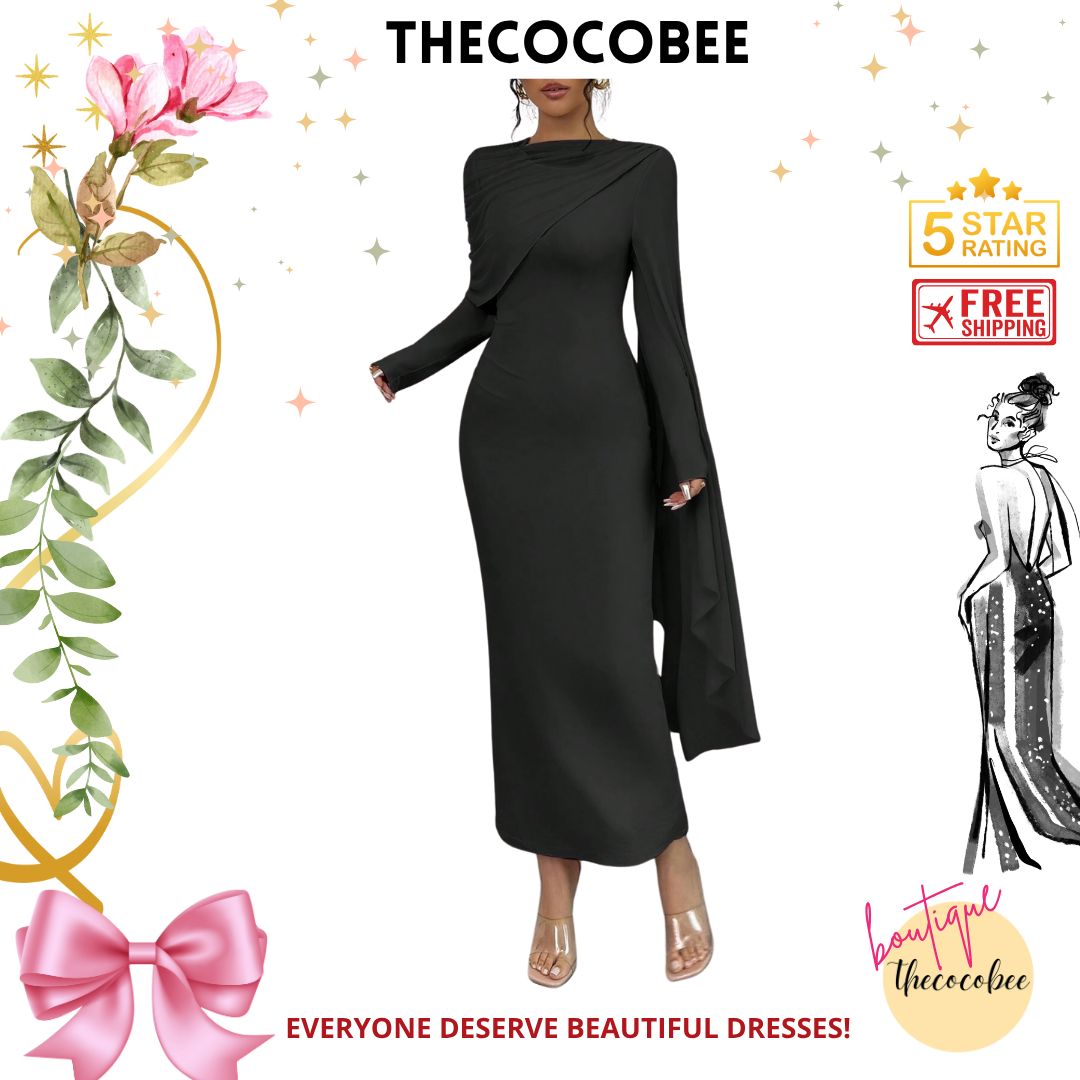 #133 Black Elegant Draped Sleeve Pleated Long Dress, Minimalist & Fashionable For Casual Daily Wear Maxi Women Outfit